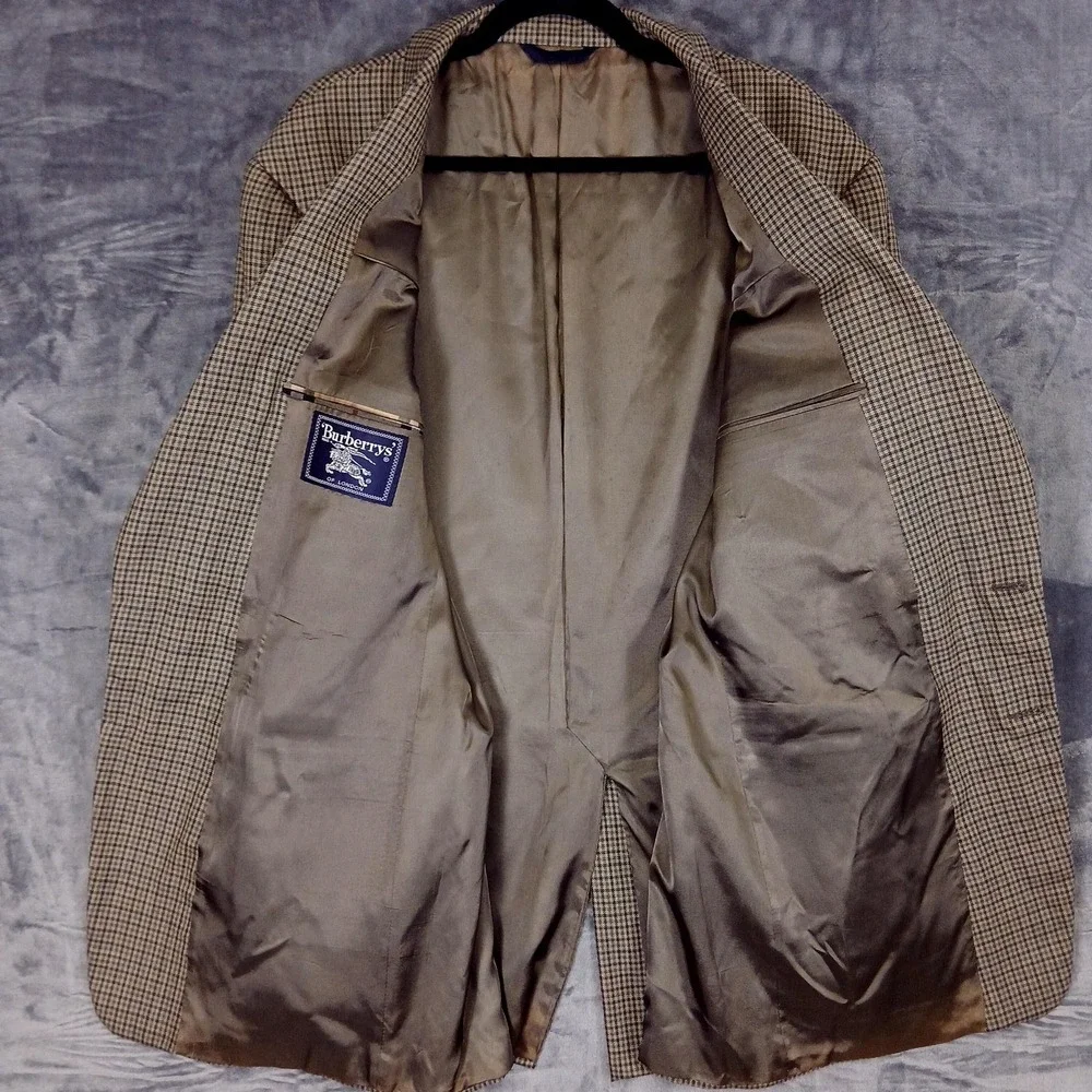 Burberrys of London Vintage Mens Blazer 46 Long Brown‎ Wool Cambridge Check 90s